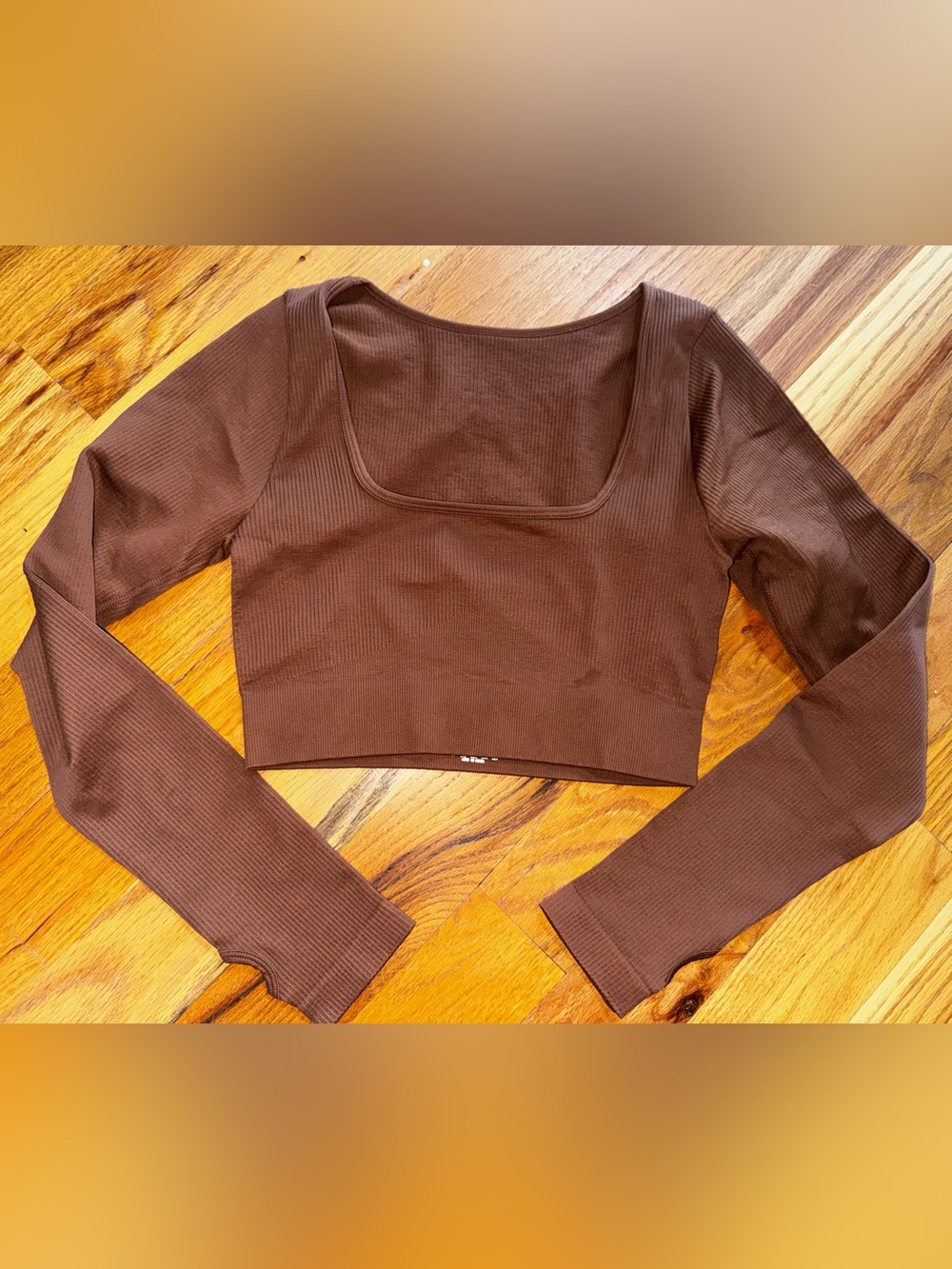 OQQ Square Neck Long Sleeve Crop Top - Brown Size Large